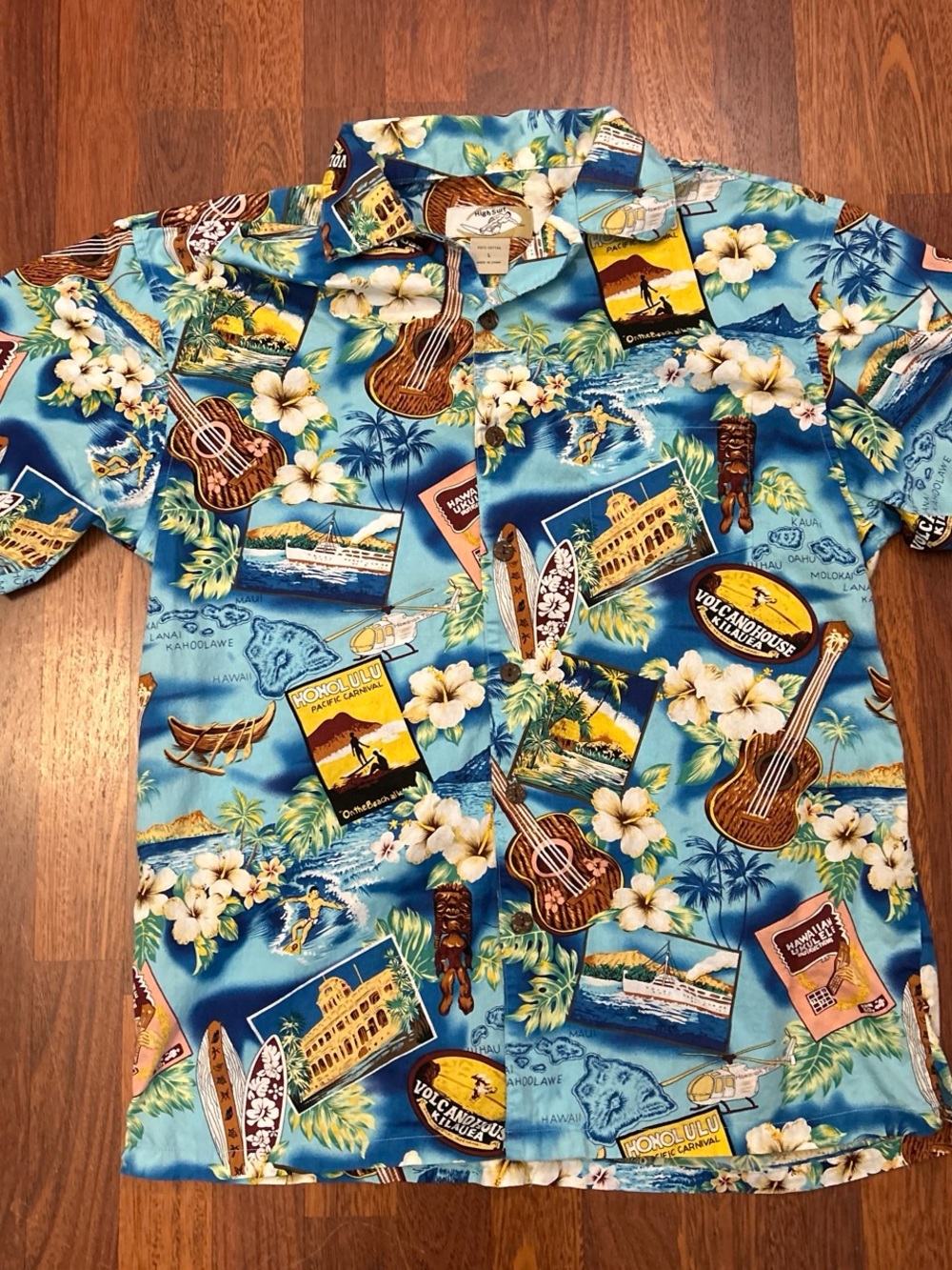 High Surf Colorful Hawaiian Shirt Tiki Ukulele Surfing Floral Design Size Large